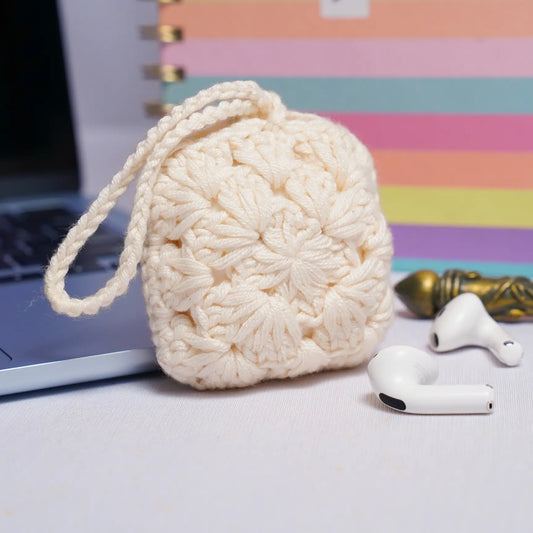 Off White Crochet Granny Square Airpods Case