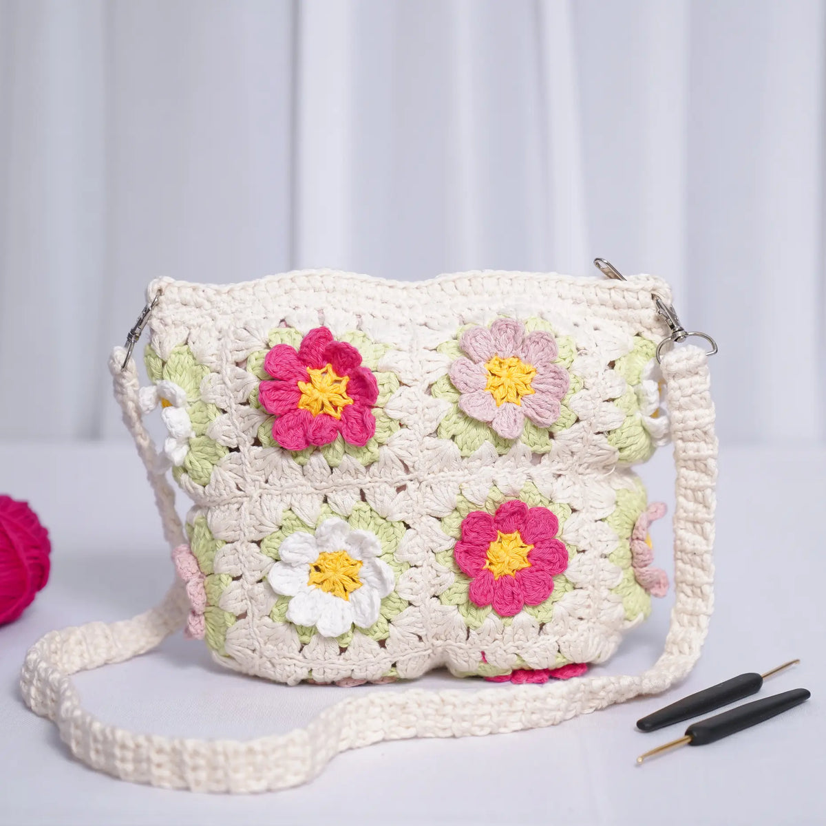 pink crochet granny square sling bag