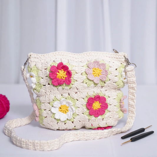pink crochet granny square sling bag