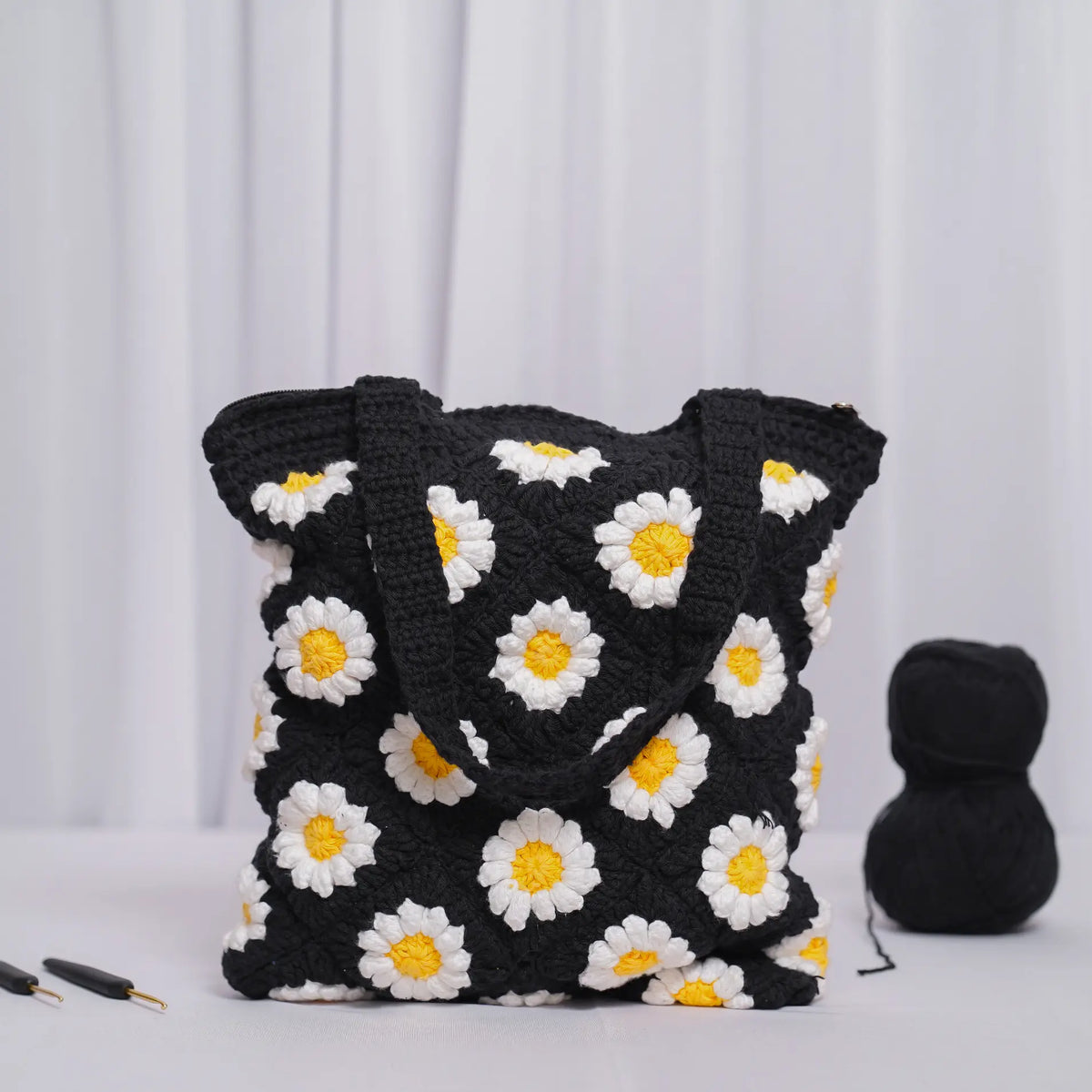 black daisy crochet granny square tote bag