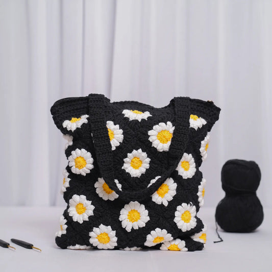 black daisy crochet granny square tote bag