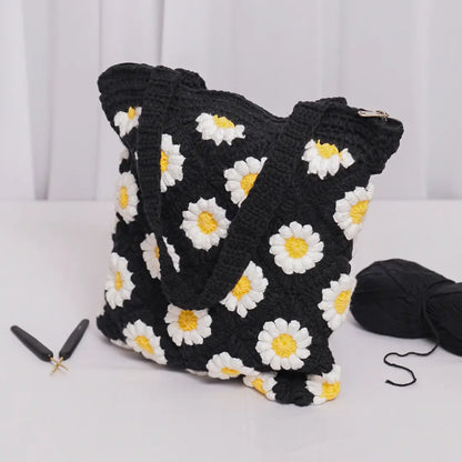Black Daisy Crochet Tote Bag
