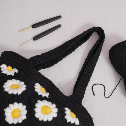 Black Daisy Crochet Tote Bag