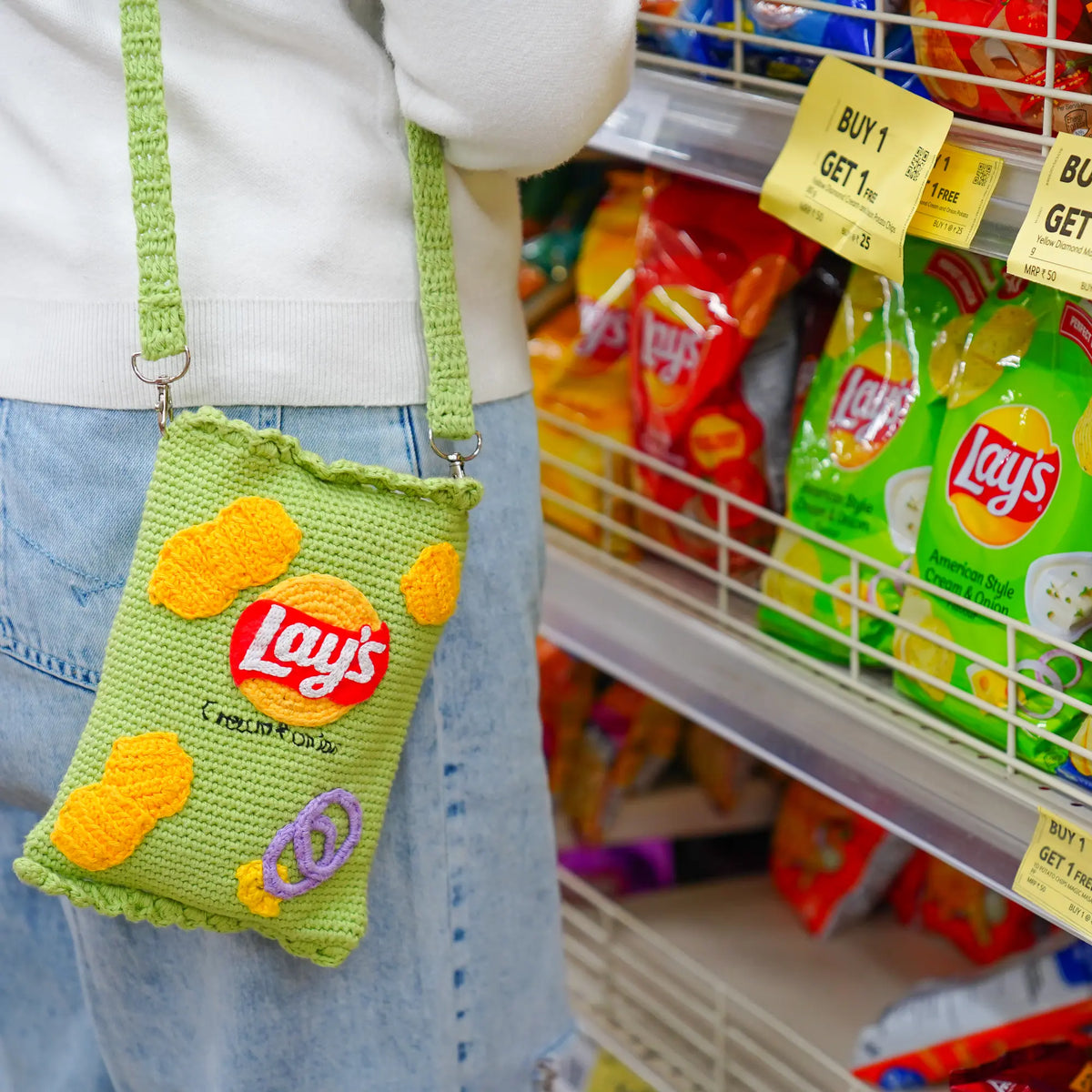 Green Lays Crochet Sling Bag