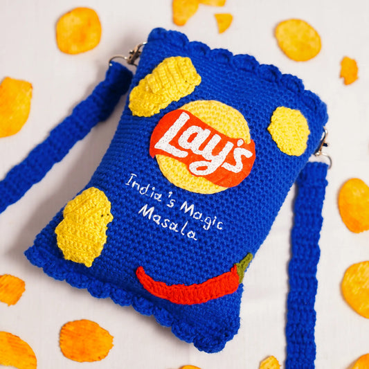 crochet blue lays sling bag