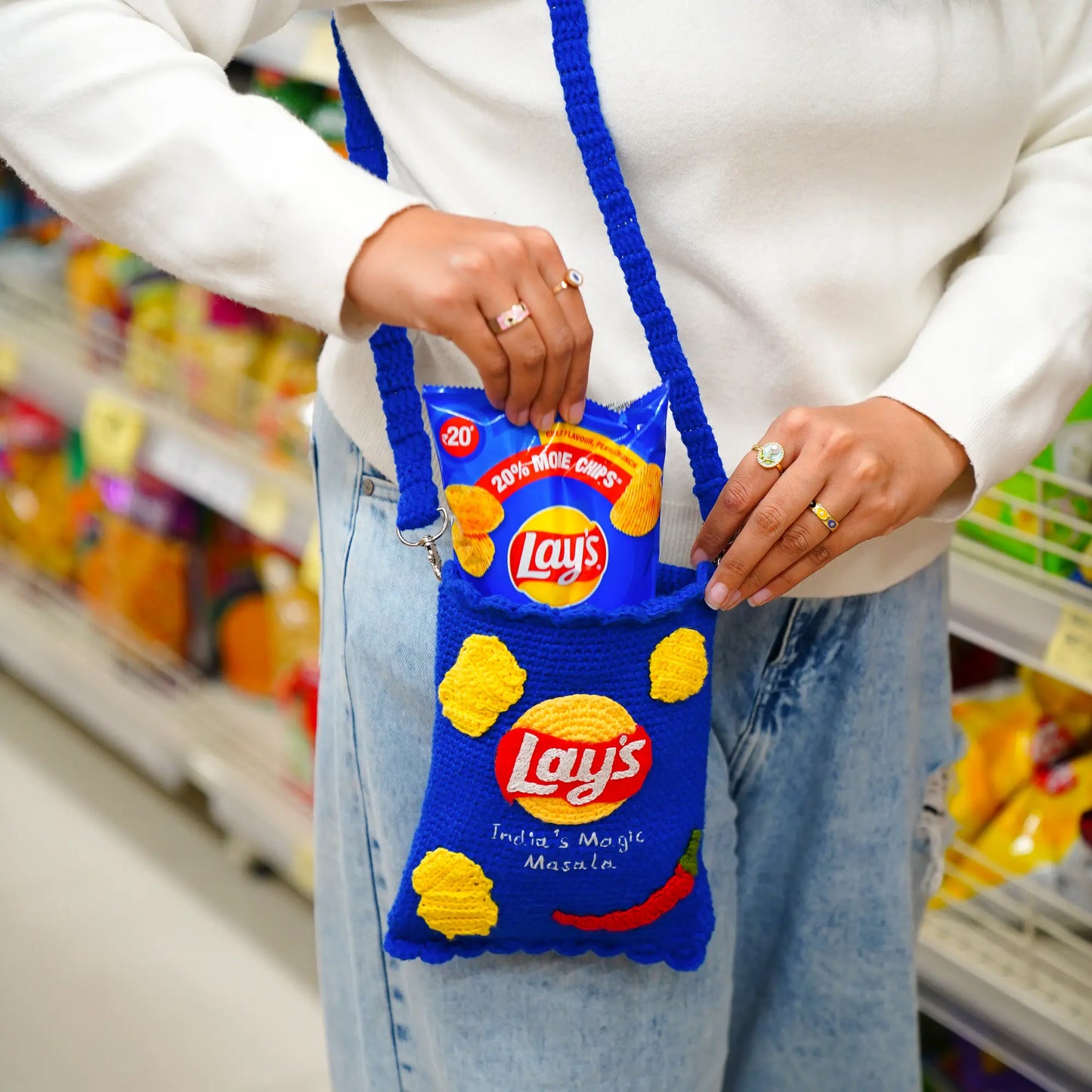 Blue Lays Crochet Sling Bag
