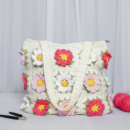 pink crochet granny square tote bag