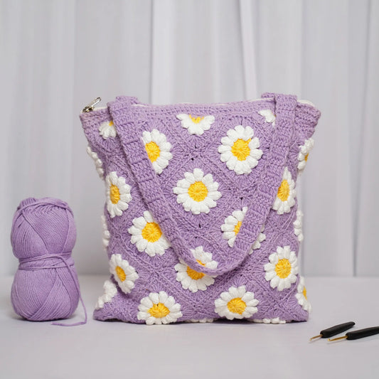 lavender daisy crochet granny square tote bag