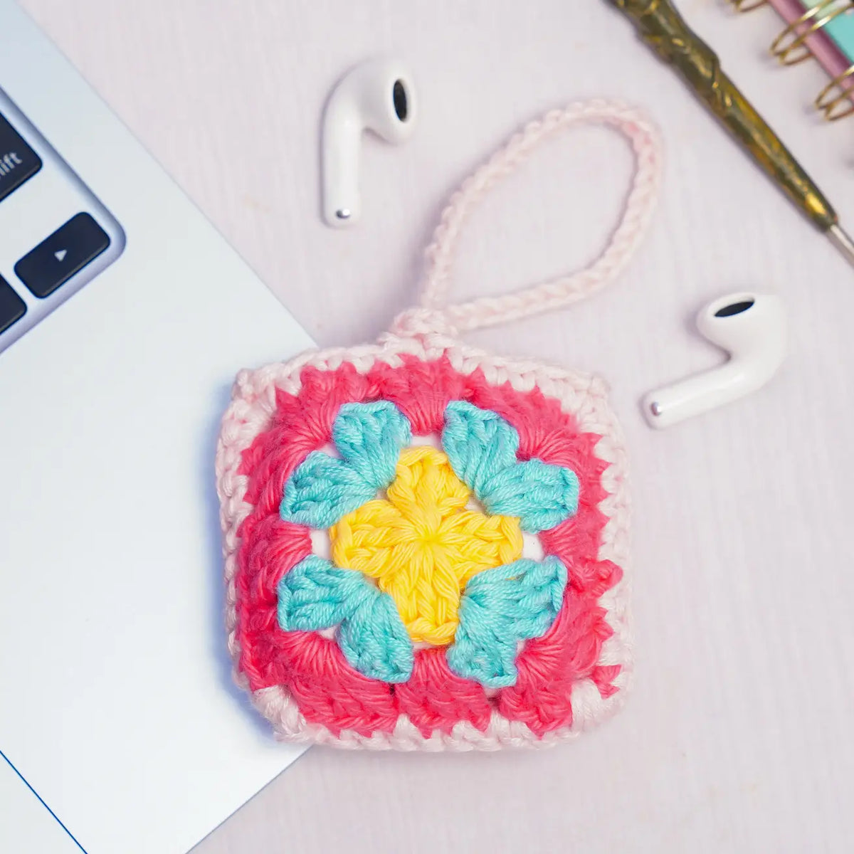Pink Crochet Granny Square Airpods Case