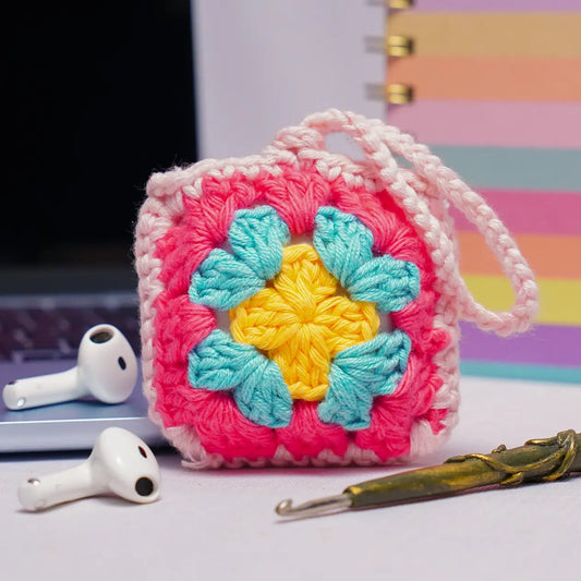 pink crochet granny square small pouch