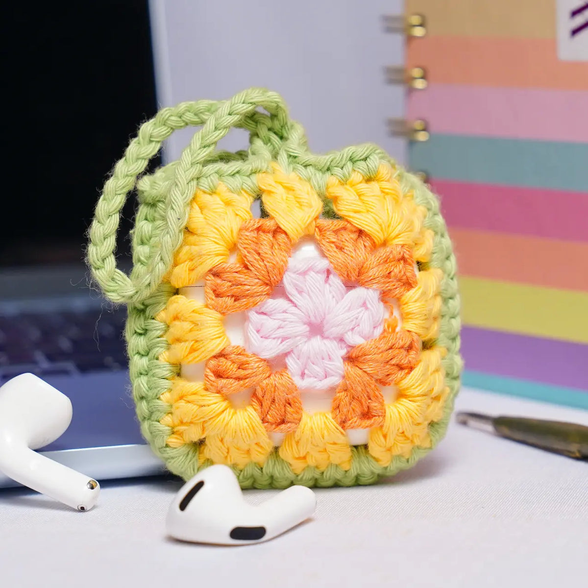 Green Crochet Granny Square Airpods Case
