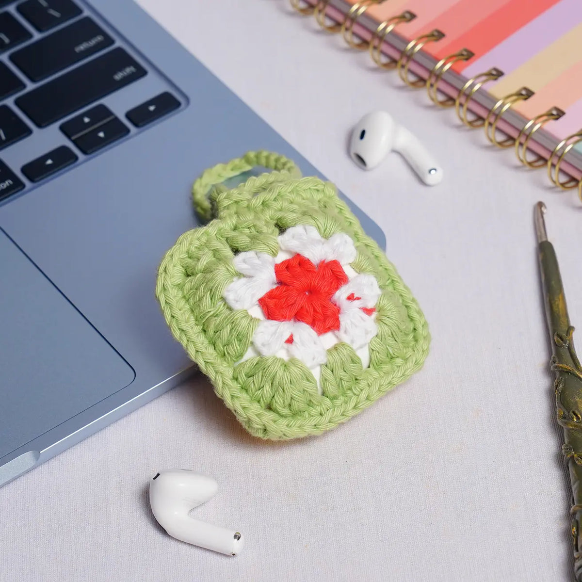 green crochet granny square small pouch
