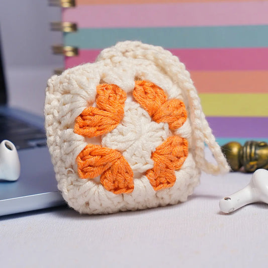 orange crochet granny square small pouch
