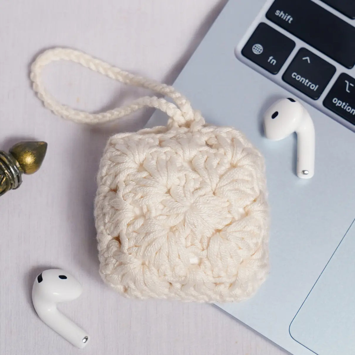 Off White Crochet Granny Square Airpods Case