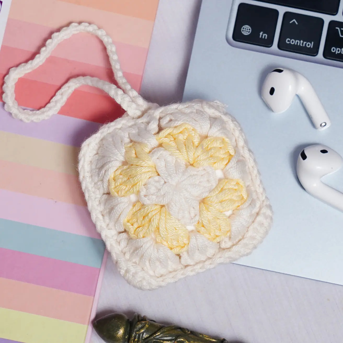 butter yellow crochet granny square small pouch