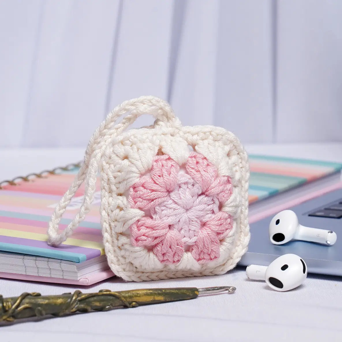 Pastel Pink Crochet Granny Square Airpods Case